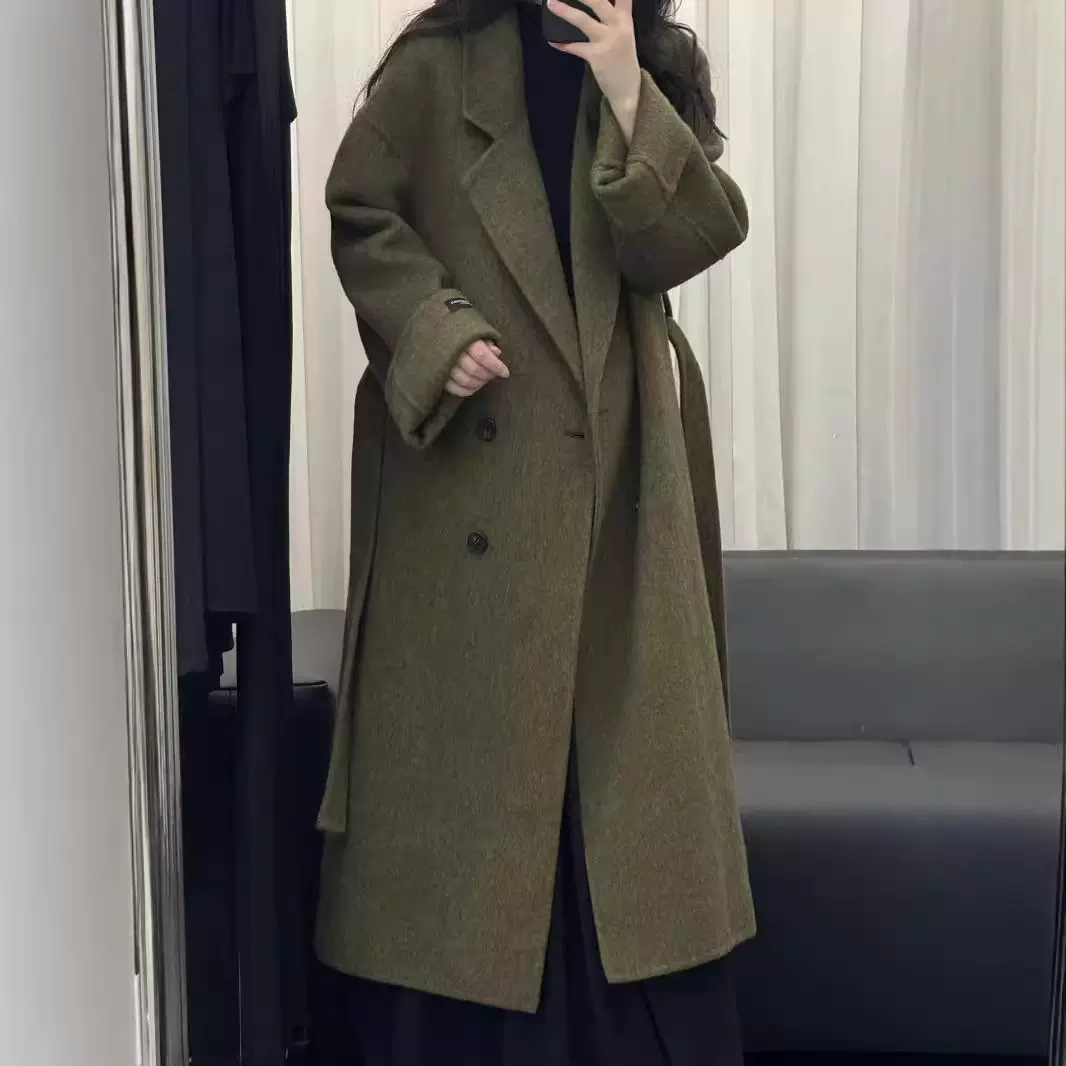新款秋冬长款双面羊毛大衣女韩系双排扣腰带宽松加厚保暖毛呢外套