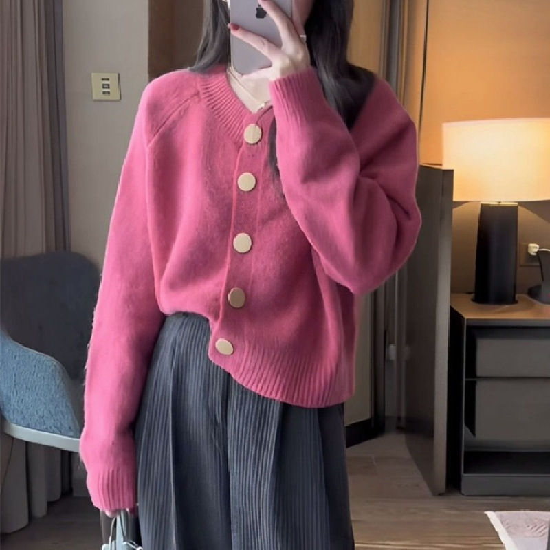 24 invierno Puyuan primavera y otoño nuevo color sólido dulce viento de punto Cardigan chaqueta de cuello redondo inserción