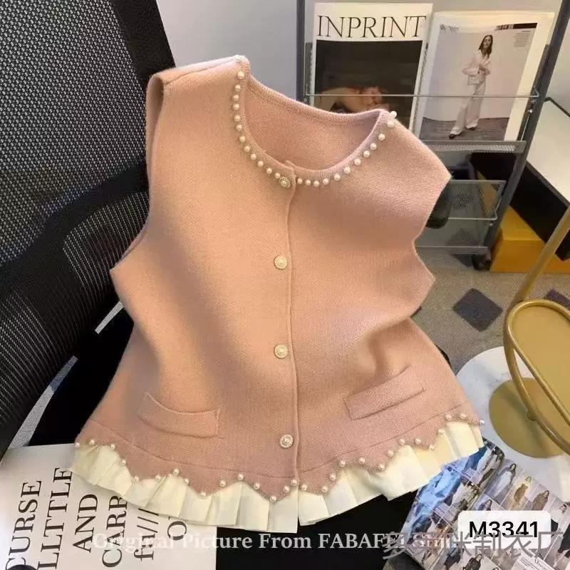新款韩版高级感圆领钉珠下摆蕾丝假两件背心