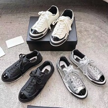 小香风女士熊猫德训鞋圆头牛皮拼色低帮系带休闲运动鞋平底小白鞋