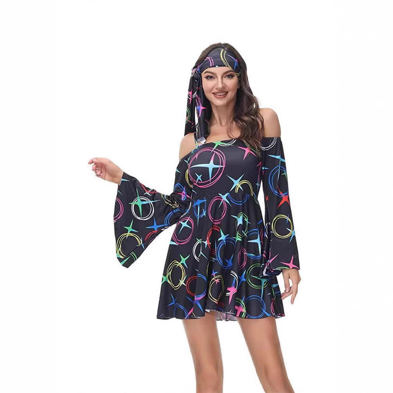 Cross-border Amazon 20.25 million Holy Festival Autumn New Printed dress 70 s Hippie Disco Women's Wear