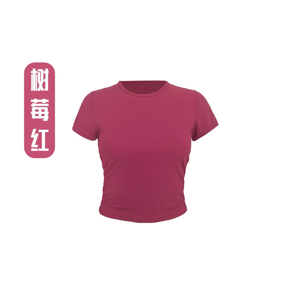 ヨガウェア リブプリーツ ウエストシェイプ 半袖 レディース カジュアル 通気性 速乾性 Tシャツ アウトドア スポーツ ランニング フィットネスウェア