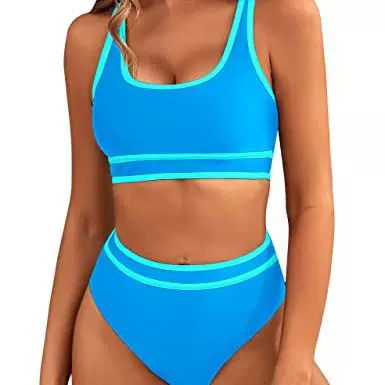 2024亚马逊新款女式高腰比基尼套装运动两件套泳衣拼色泳衣