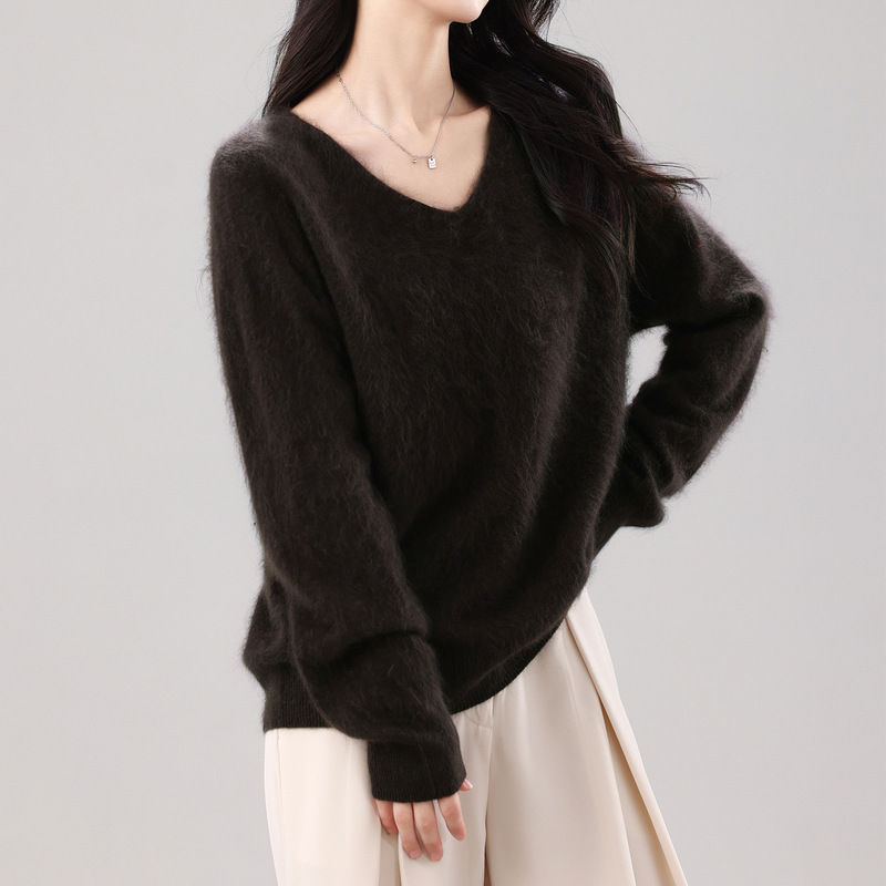 Factory outlet Puyuan wool sweater women's brushed cashmere knit top V-neck pullover for autumn and winter Factory outlet Puyuan wool sweater women's brushed cashmere knit top V-neck pullover for autumn and winter