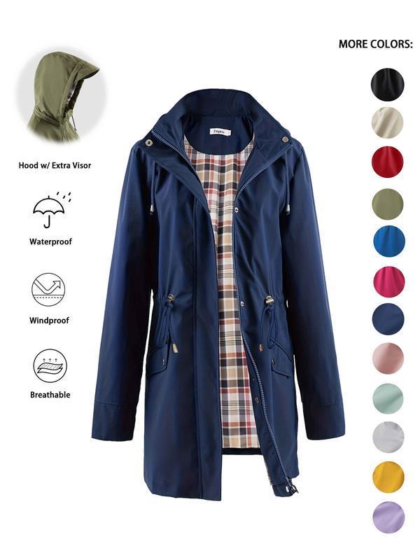 Women's Solid Color Drawstring Zip Up Hooded Trench Coat|undefined