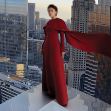 欧美跨境气质披肩长裙2025冬季新款圆领飘带性感修身高级感连衣裙