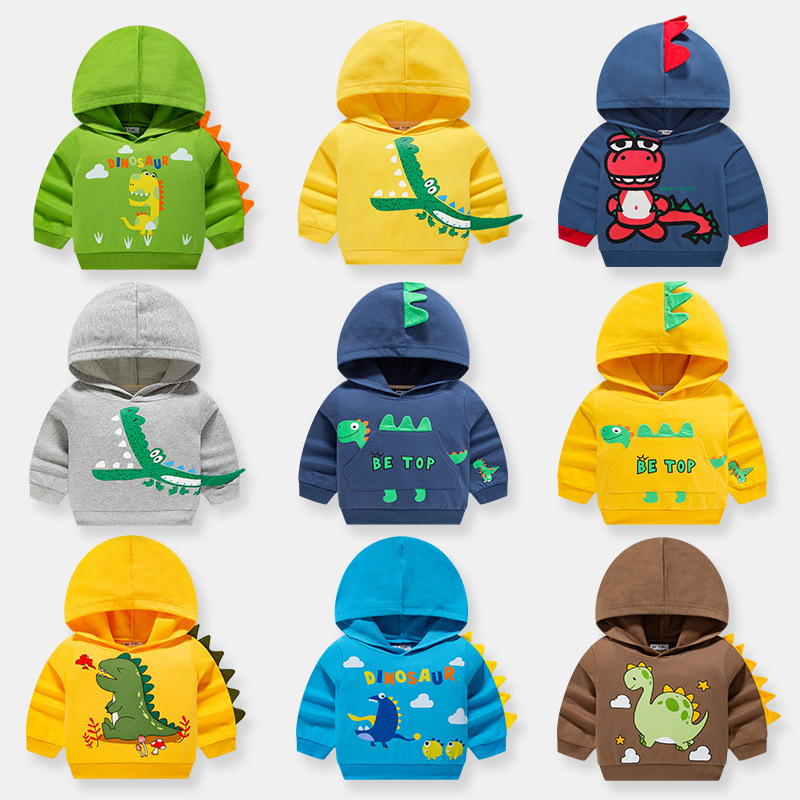 2026 Autumn New Children's Hooded Cartoon Dinosaur Sweatshirt, Pure Cotton, Boys' Knitted Pullover Sweater, Trendy
