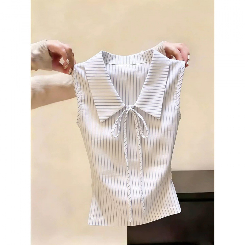 Korean Style Commuter Style Bow Striped Sleeveless Shirt for Women 2026 Summer Lapel Waist-Cinching Slimming Design Top Korean Style Commuter Style Bow Striped Sleeveless Shirt for Women 2026 Summer Lapel Waist-Cinching Slimming Design Top