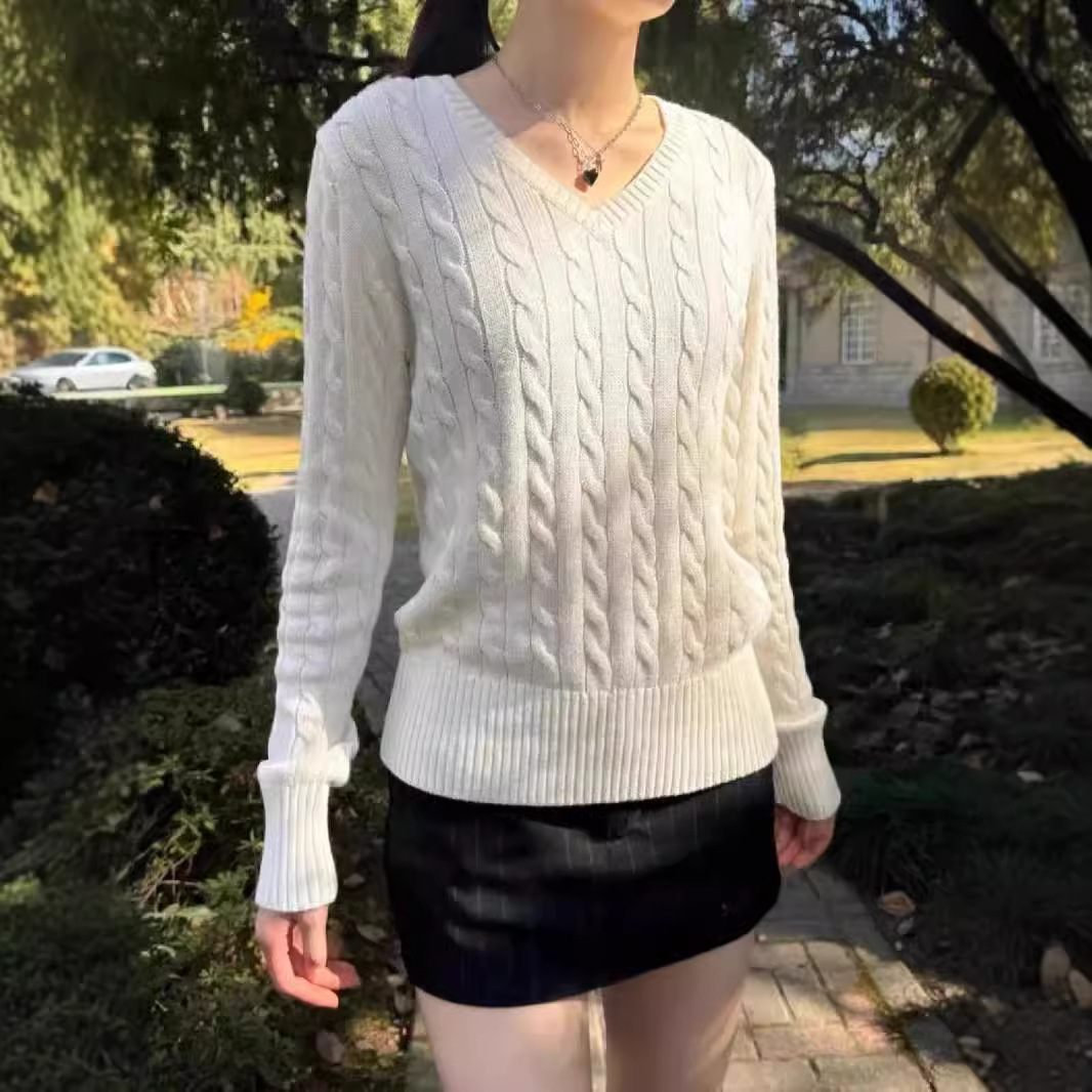 BM風アメリカレトロ麻花ニットvネックセーター長袖bmニット純色怠惰な上着カバーカジュアル
