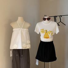 清仓不退换 辣妹纯欲花朵卷边抽绳抹胸两穿露肩无袖上衣小衫W6078