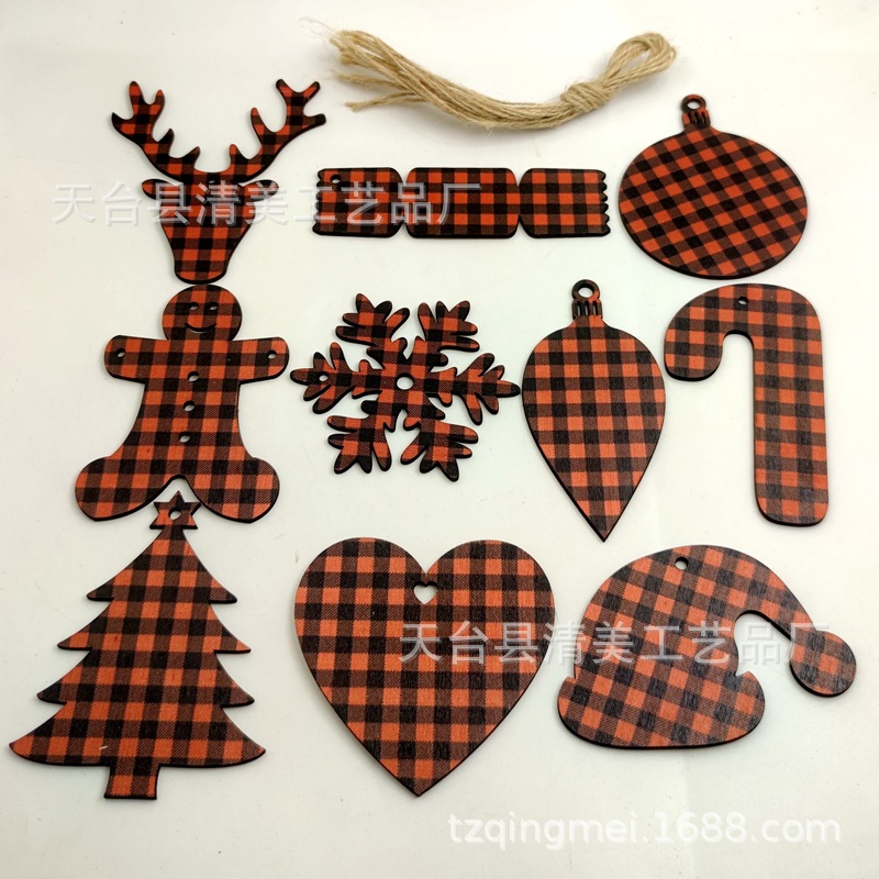 33 piezas de madera de la serie navideña a cuadros negros anaranjados colgante de decoración navideña se pueden combinar libremente 10 piezas en un paquete