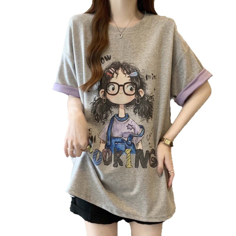大きいサイズの対照的なカラーの漫画プリント半袖 T シャツ女性のための夏 2025 新しいファット mm ルーズ痩身ファッショナブルなトップス女性のための|undefined
