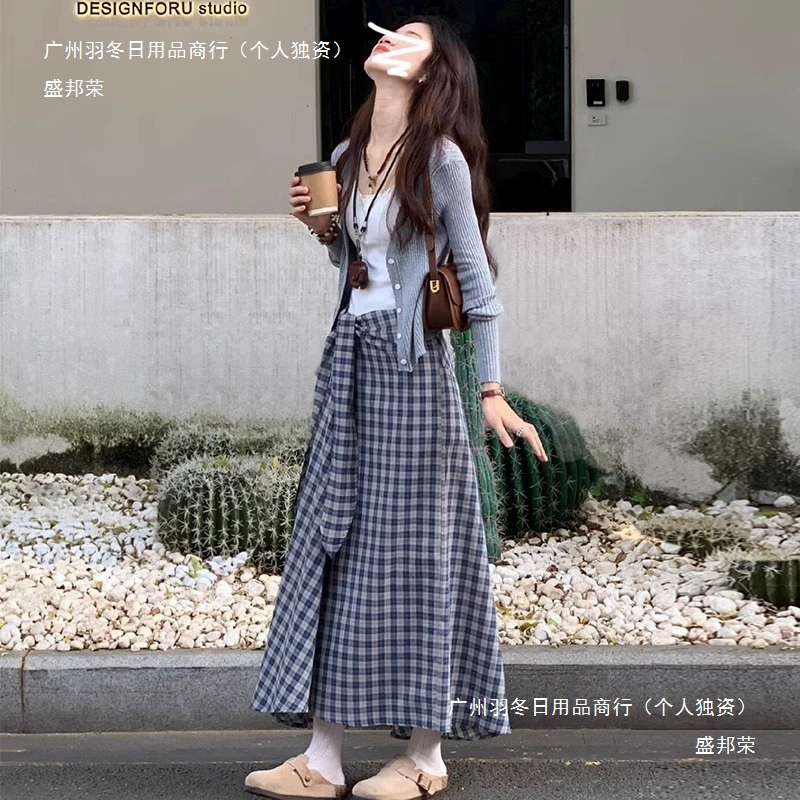 2025 новая весенне-летняя ретро клетчатая юбка для женщин, дизайн с бретелями, А-силуэт, универсальная юбка средней длины