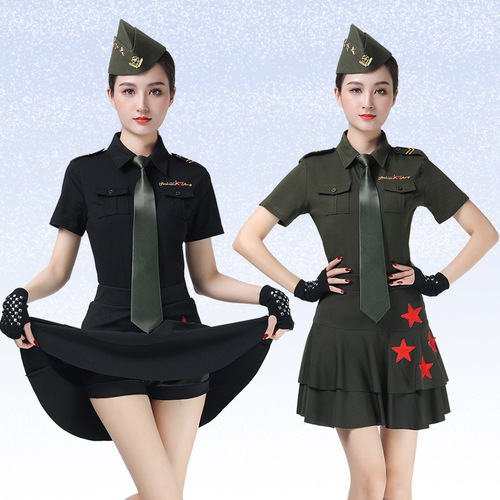 Sailor dance costume women's short-sleeved T-shirt square dance dance costume new military green lapel top dance costume
