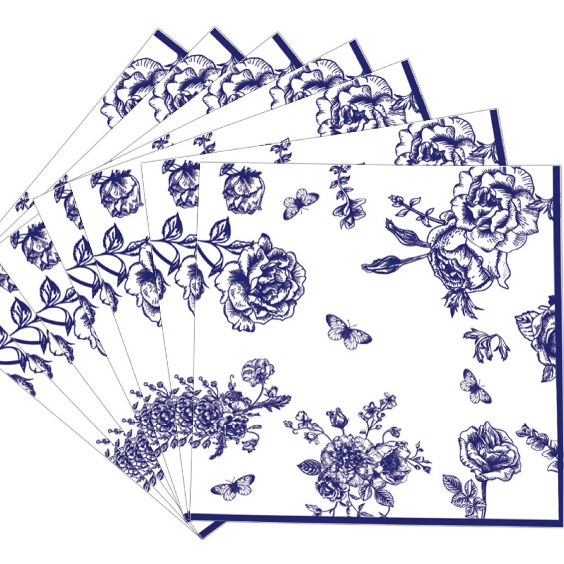 Artículos de fiesta desechables con temática floral de porcelana azul y blanca de nuevo estilo para exteriores: vasos de papel, servilletas de papel, platos de papel.