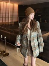 复古格子夹棉中长款西装毛呢外套女装冬季新款宽松英伦风呢子大衣
