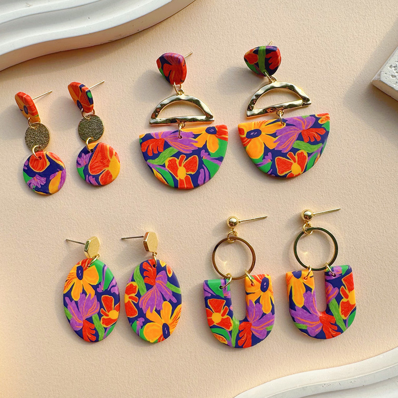 Bohemian Colorful Floral Soft Clay Earrings for Women, European and American Cross-Border Geometric U-Shaped Handmade Polymer Clay Earrings