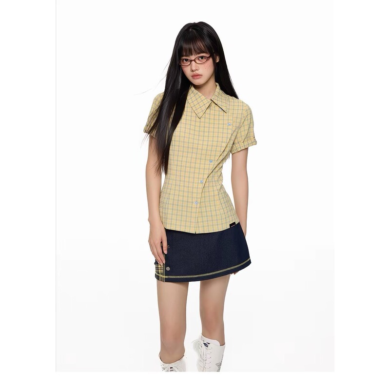 Short-Sleeved Plaid Design Shirt for Women, Summer Korean Style Contrasting Plaid Top, Ins Shirt, Sweet Girly Slim Fit