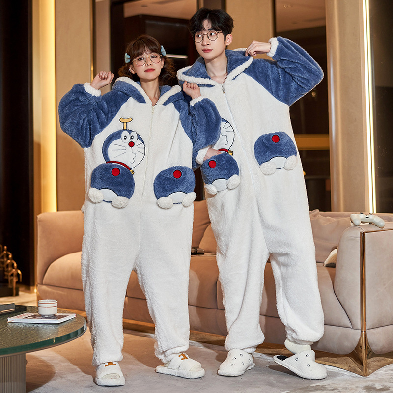 Invierno pareja pijamas de dibujos animados de las mujeres con capucha más el tamaño cálido estudiante ins estilo de una sola pieza desgaste del hogar 200kg usable
