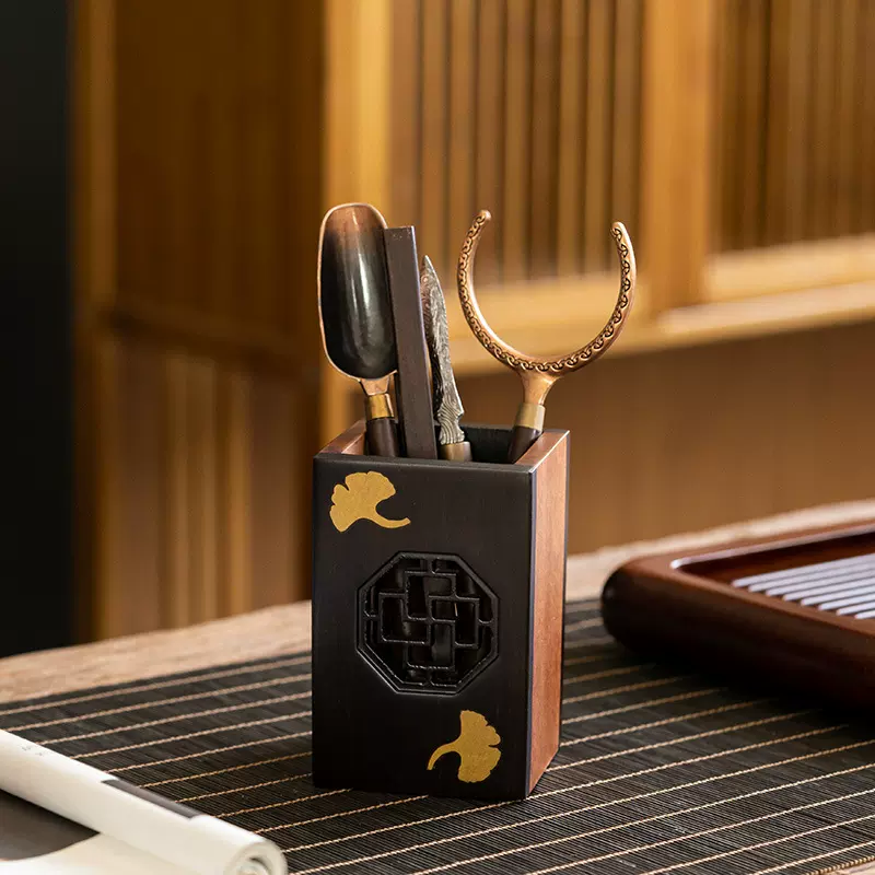 茶具配件六君子套装纯铜茶杯垫黑檀木茶道6君子实木茶筒茶刀高档