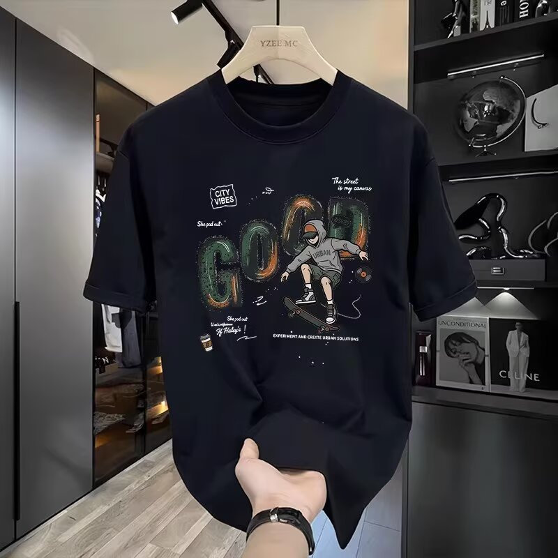 New summer trendy short-sleeved T-shirt for men, Korean style, street print, pure cotton, round neck, casual, co-branded, trendy couple outfit.