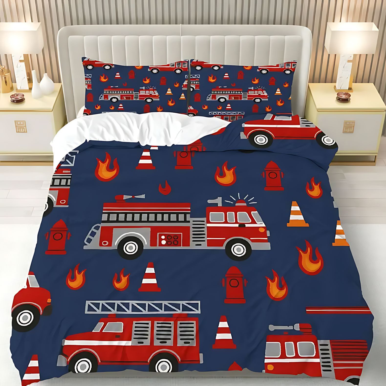 TEMU / JIT nuevo producto transfronterizo dibujos animados camión de bomberos de alta definición digital impresión kit de colcha se puede diseñar