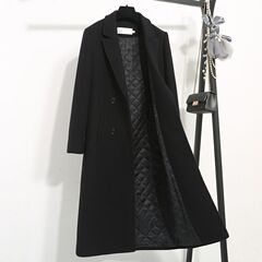 女性用キルティングブラックウールコート、ミドル丈、2024秋冬新作韓国スタイルスリムウールコート、綿と厚みのある