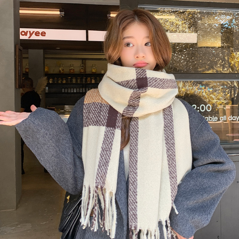 2025秋冬新款格子仿羊绒围巾女韩版百搭加厚保暖学生美拉德风围脖|undefined
