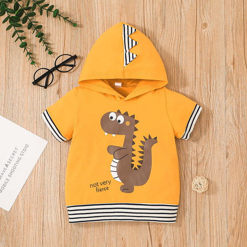 Girls Hooded Dinosaur Print Children's Striped Cartoon Shorts 2-piece Set display picture 9