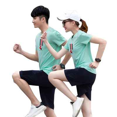 現貨2021夏季新款男短袖五分褲女圓領上衣三分褲青年學生情侶套裝