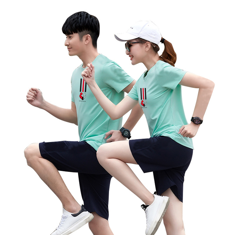 現貨2021夏季新款男短袖五分褲女圓領上衣三分褲青年學生情侶套裝