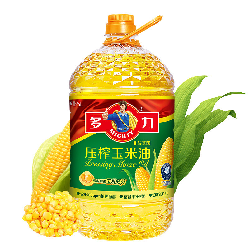 多力压榨玉米油5L大桶装非转基因食用油家用烹饪炒菜植物油包邮