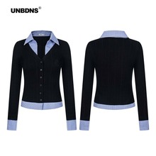 UNBDNS格子拼接V领针织长袖T恤女秋季新款修身辣妹内搭外穿上衣潮