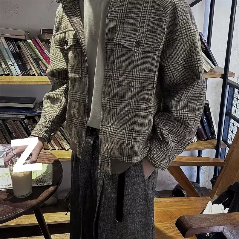 Ретро клетчатая шерстяная куртка Harrington, воротник-стойка, свободный крой, хаки, размеры M-L-XL-2XL