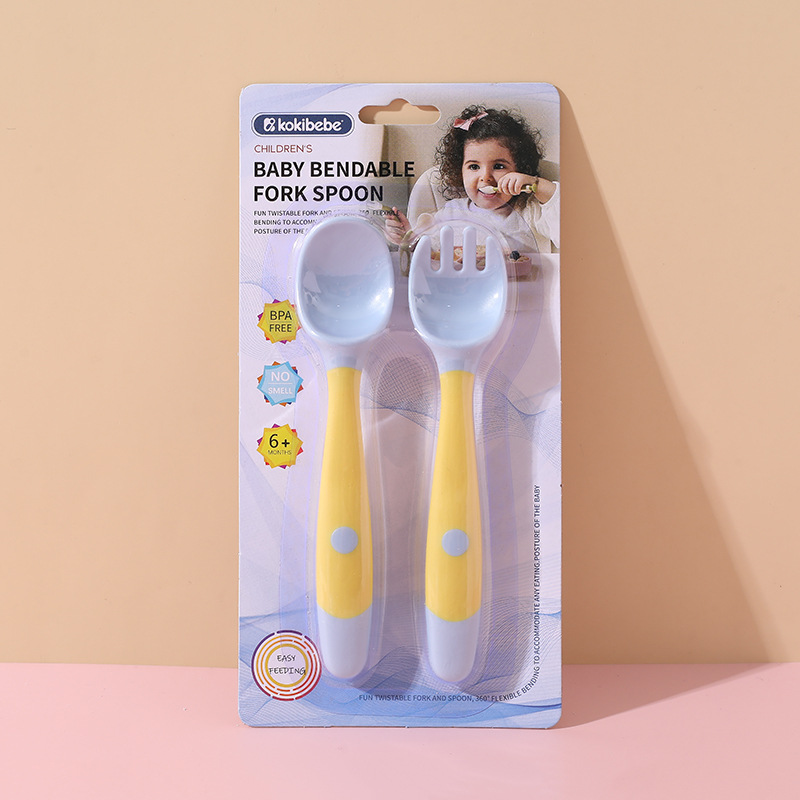 Cuchara de entrenamiento para bebés con embalaje en inglés para aprender a comer, tenedor y cuchara de aprendizaje con cabeza curva, cuchara para alimentos complementarios para bebés, tenedor y cuchara de práctica