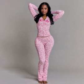 亚马逊跨境女装2025秋季新款印花长袖连帽上衣修身运动长裤两件套