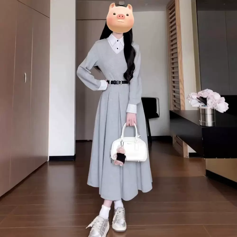 法式收腰显瘦格纹假两件长裙气质高级衬衫领设计感休闲A字连衣裙