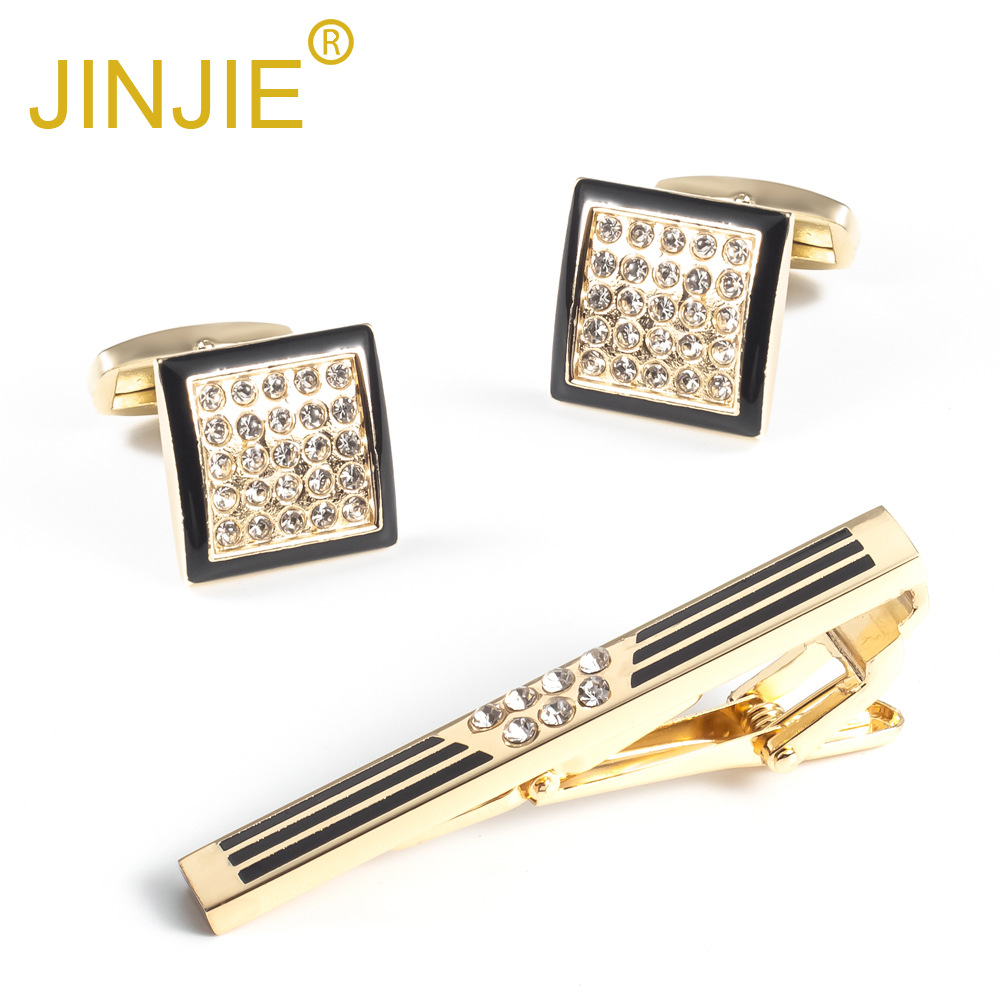 High-end Diamond-embellished Gold Tie Clip and Cufflinks Set French Metal Alloy Cufflinks Copper Tie Clip Wholesale