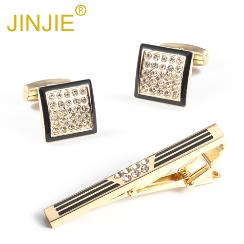 High-end Diamond-embellished Gold Tie Clip and Cufflinks Set French Metal Alloy Cufflinks Copper Tie Clip Wholesale