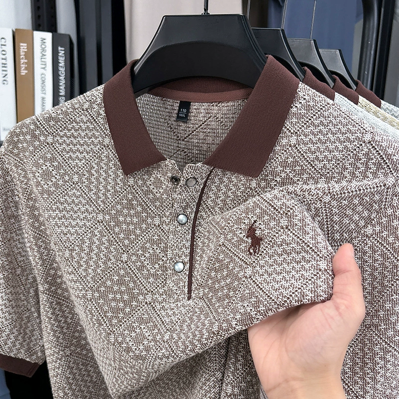 Вязаная летняя новая вязаная жаккардовая мужская футболка с короткими рукавами в корейском стиле, повседневная мужская ультратонкая футболка с вышивкой и модными лацканами