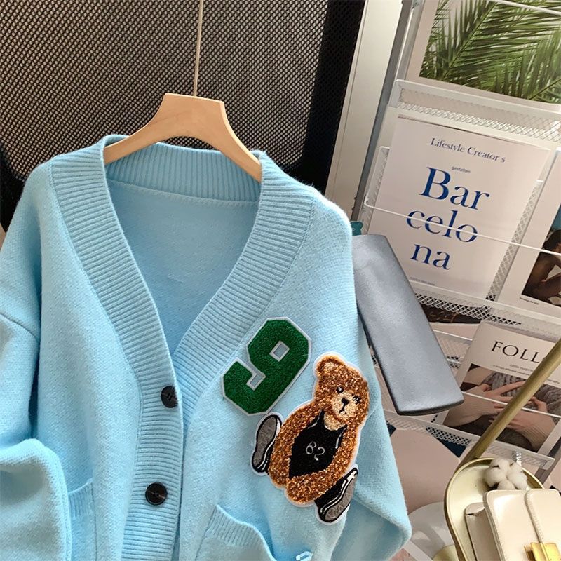 420g Weight Long Sleeve Sleeve Length Wholesale Women's Casual Number Bear Long Sleeve Embroidery Button Sweaters & Cardigans