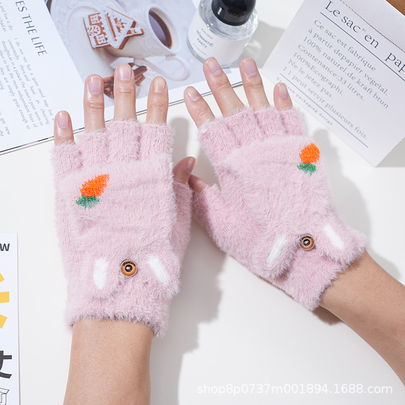 Invierno de las mujeres cálido forrado de lana engrosada estudiante escritura de moda montar lindo punto medio dedo flip guantes de dibujos animados