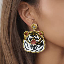 跨境新款创意卡通设计个性老虎耳环手工米珠编织时尚动物耳饰女