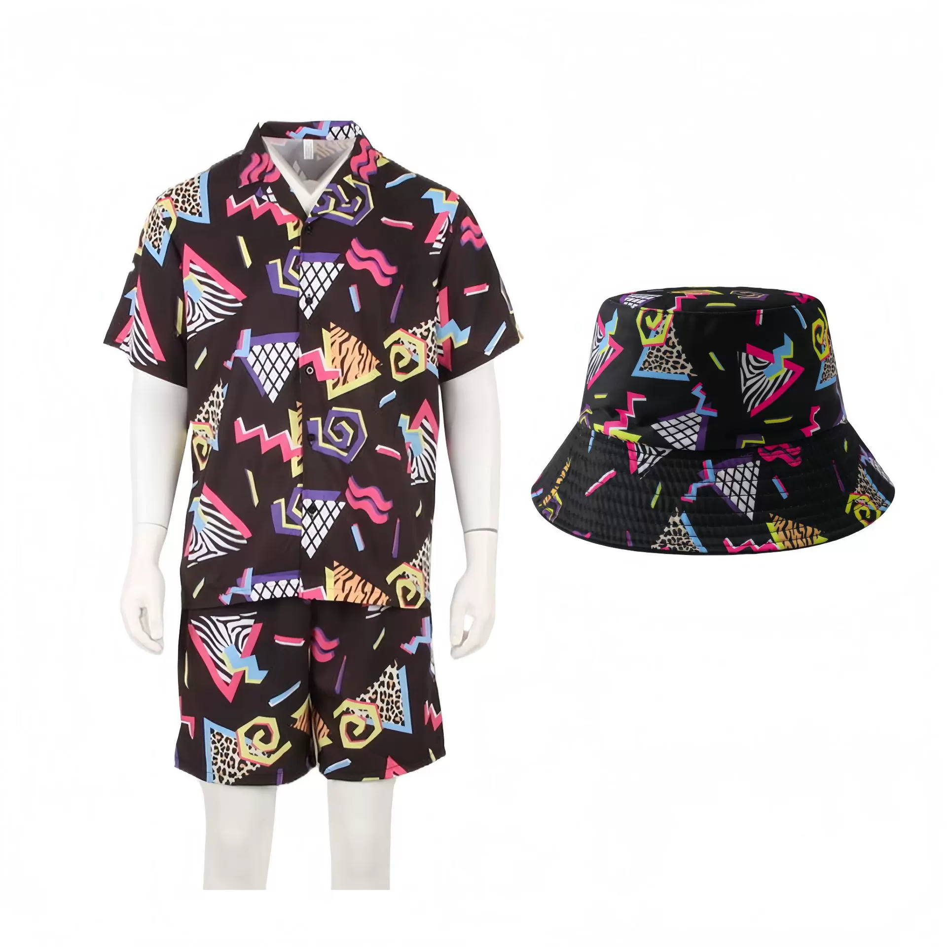 欧美8090年代服装复古衬衫短裤套装夏威夷男士迪斯科海滩运动复古