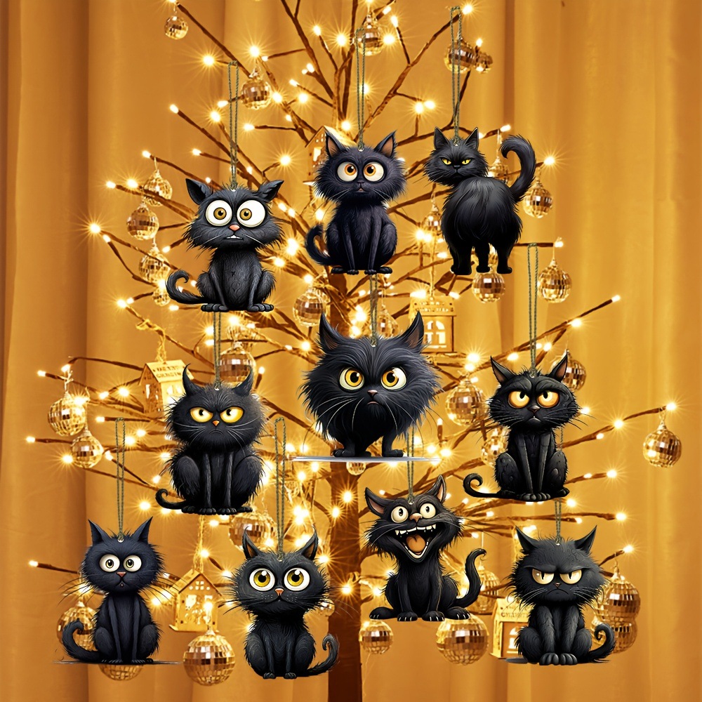 10 emoticones de gato negro colgantes de madera hechos a mano decoración navideña regalo perfecto para Navidad Halloween