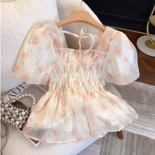 [Original workmanship] French floral short-sleeved shirt for women, summer fat mm, slimming loose temperament, ruffled square collar