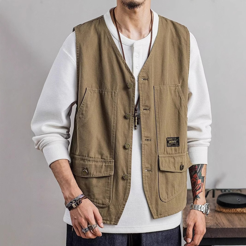 American Motorcycle Style Pocket Cargo Vest Men's Pure Cotton Loose Sleeveless Jacket Durable Workwear
