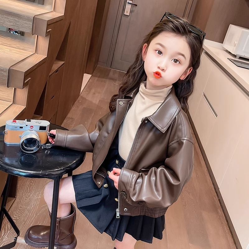소녀 인터넷 인기있는 봄과 가을 멋진 가죽 자켓 어린이 서양식 봄 2024 새로운 유행 봄 거리 탑