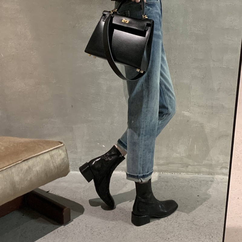 全牛革 ~ 韓系百合角頭水洗い馬皮痩せショートブーツ太さと厚い底の小さい足首ブーツ女性秋冬新作