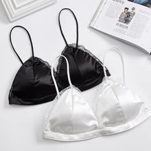 跨境法式三角杯色丁无纲圈蕾丝边内衣少女简约性感薄款文胸裹胸女